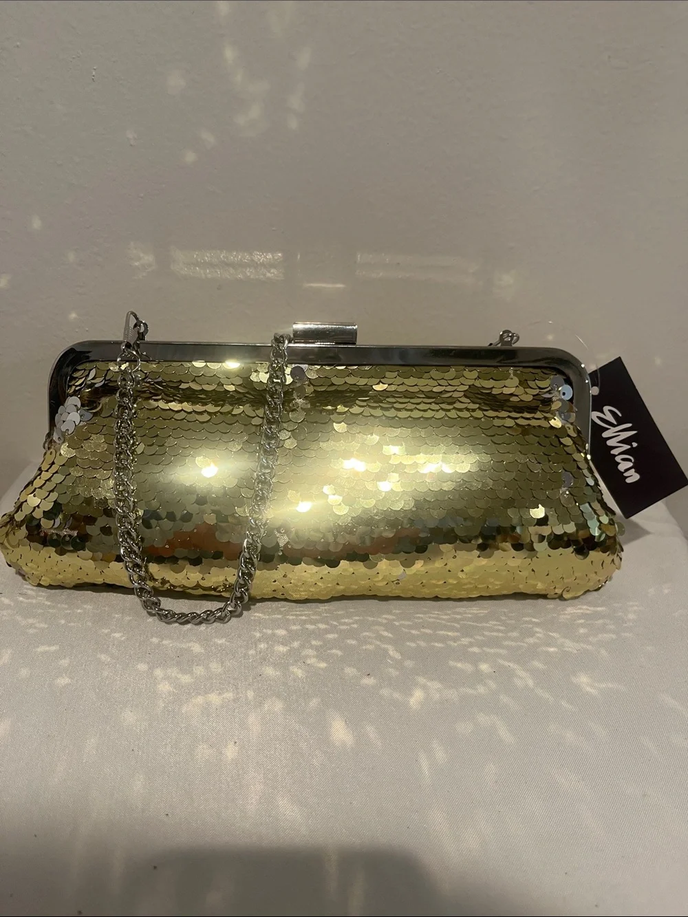 Gold Sequin Evening Clutch with Silver Frame
